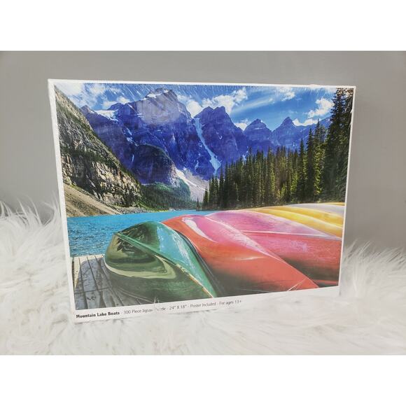 NEW Mountain Lake‎ Boats - 1000 Piece Jigsaw Puzzle Colorful House Water Rainbow - Picture 1 of 10